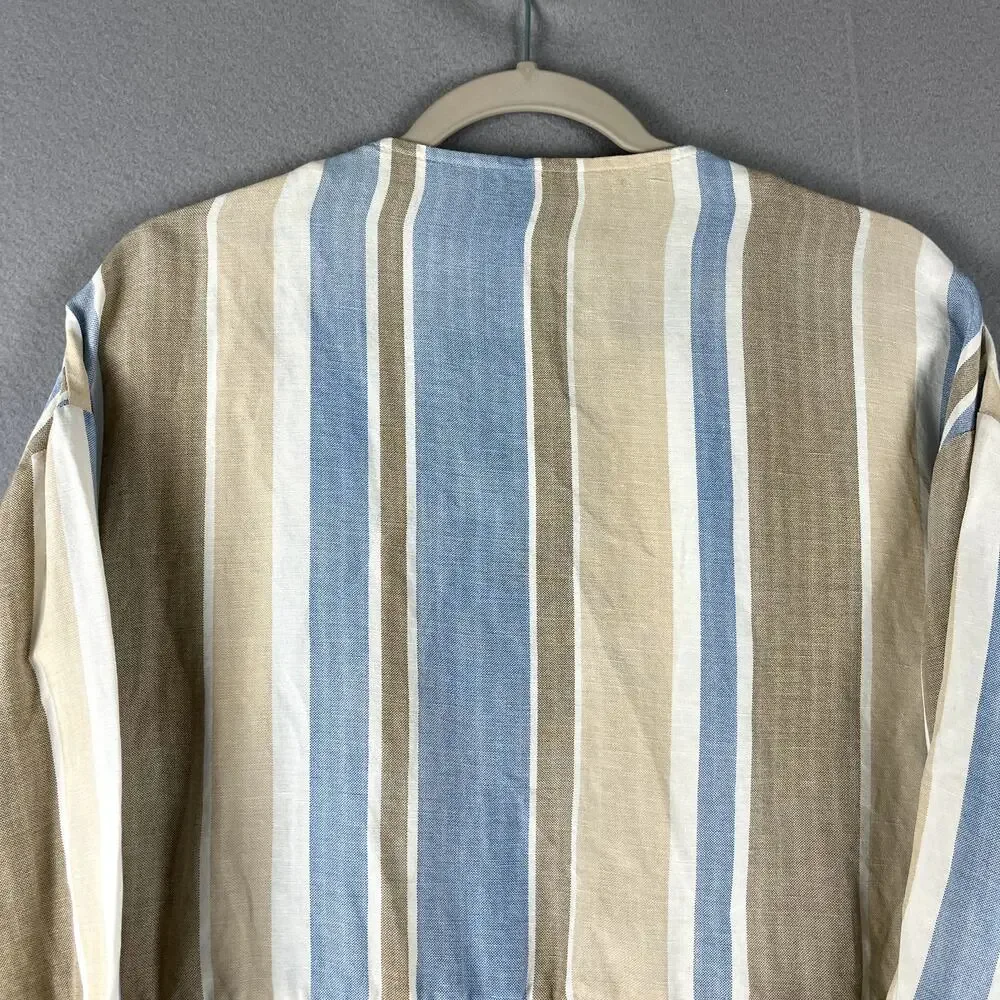 Zara Jacket Womens Large Striped Blue Linen BlendOpen Front Peplum Coastal NWT - Picture 12 of 16